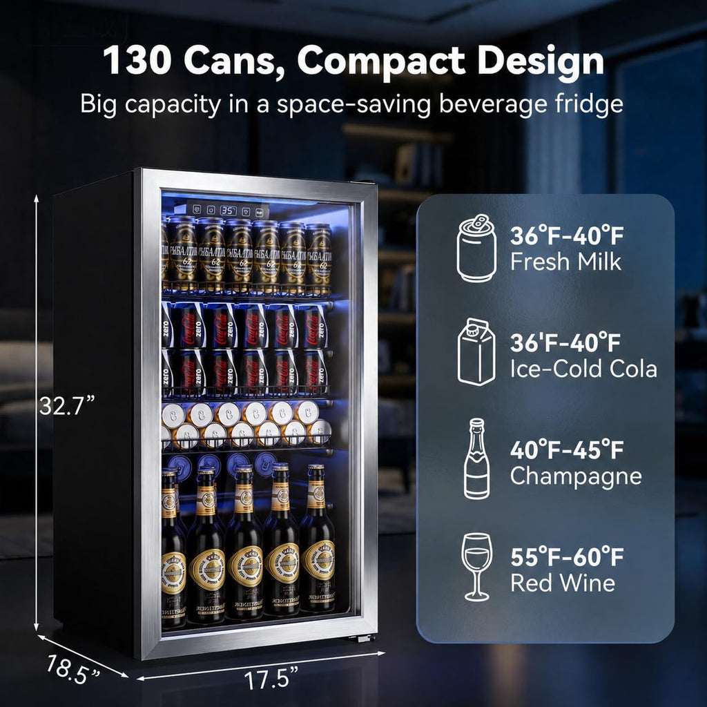 130 Can Beverage Refrigerator, 3.2 Cu.Ft Mini Fridge Beverage Cooler