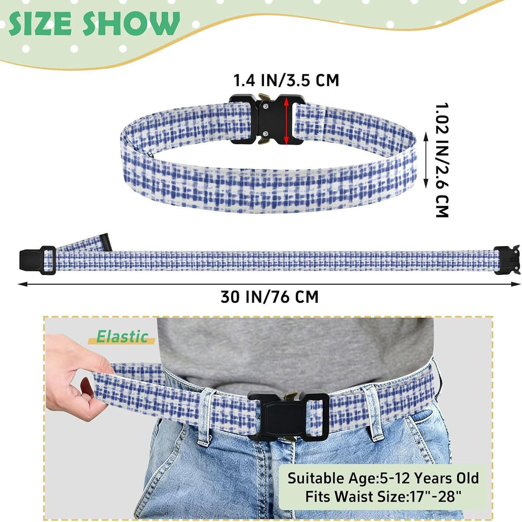 Blue White Tie Dyed Print Kids Belt, Adjustable Elastic Belts for Boys Girls, Stretch Waist Belt with Metal Square