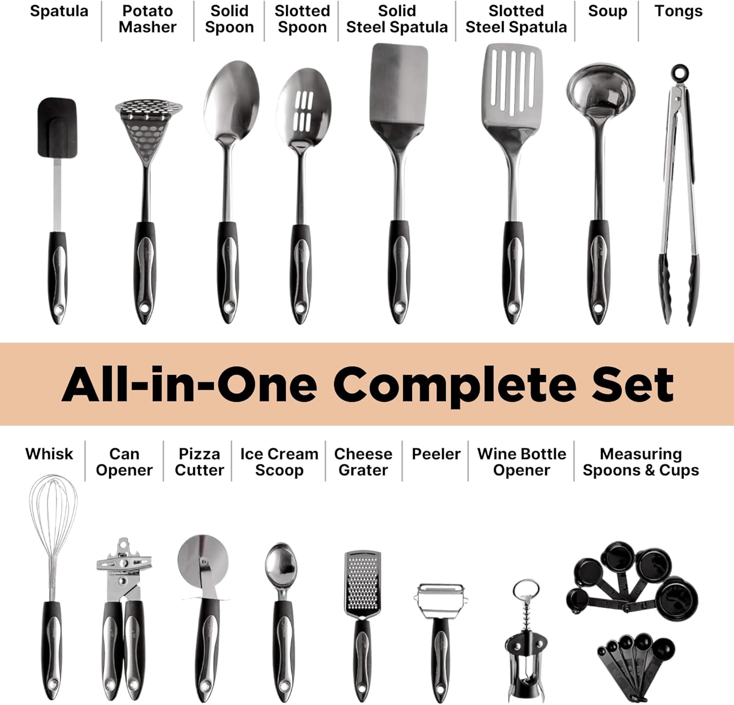 25-Piece Stainless Steel Kitchen Utensil Set | Non-Stick Cooking Gadgets and Tools Kit | Durable Dishwasher-Safe