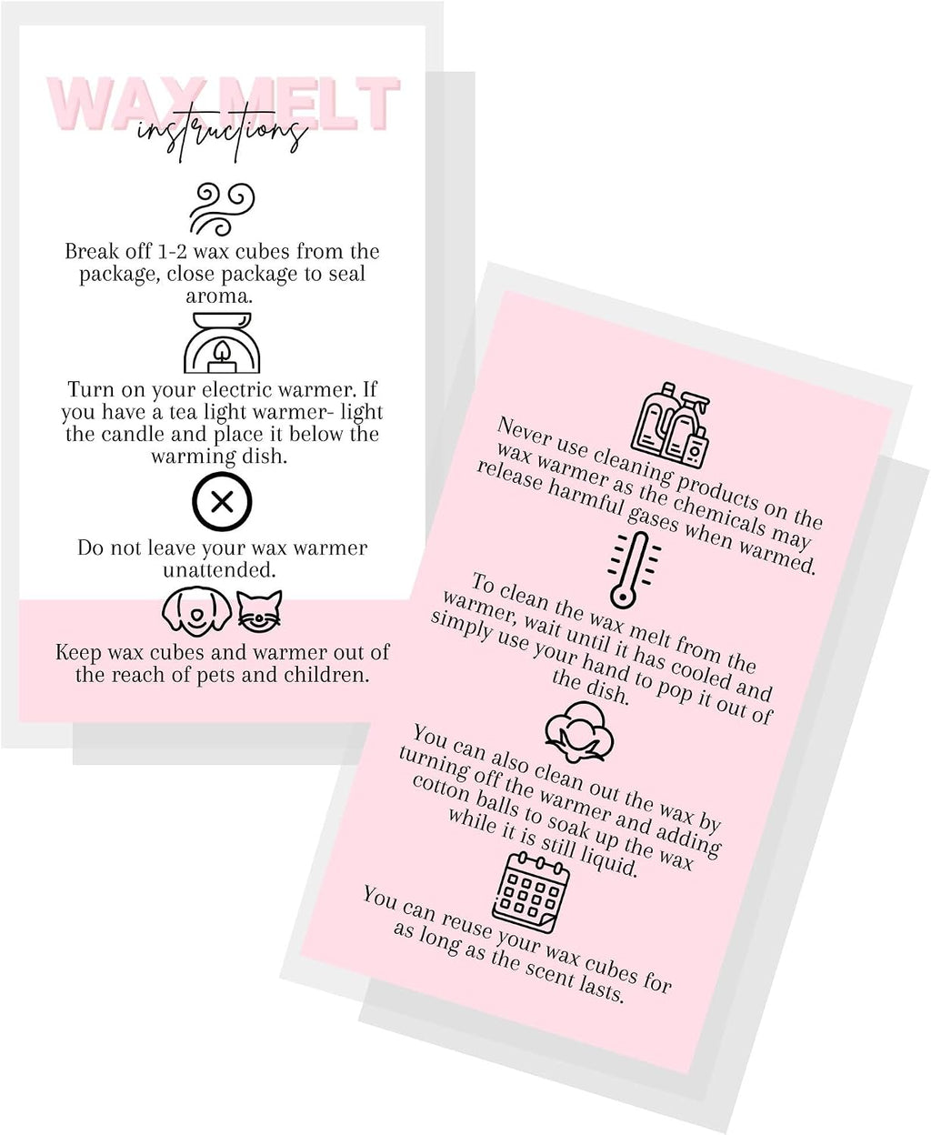 Wax Melt Care Instruction Cards | 50 Pack | 2x3.5” Business Card Wax Melt Supplies Homemade Customer thank you for
