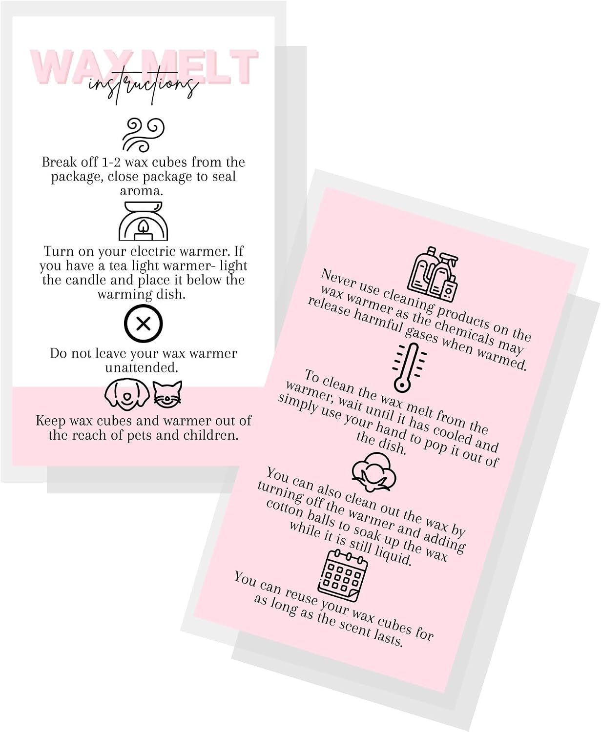 Wax Melt Care Instruction Cards | 50 Pack | 2x3.5” Business Card Wax Melt Supplies Homemade Customer thank you for