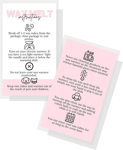 Wax Melt Care Instruction Cards | 50 Pack | 2x3.5” Business Card Wax Melt Supplies Homemade Customer thank you for