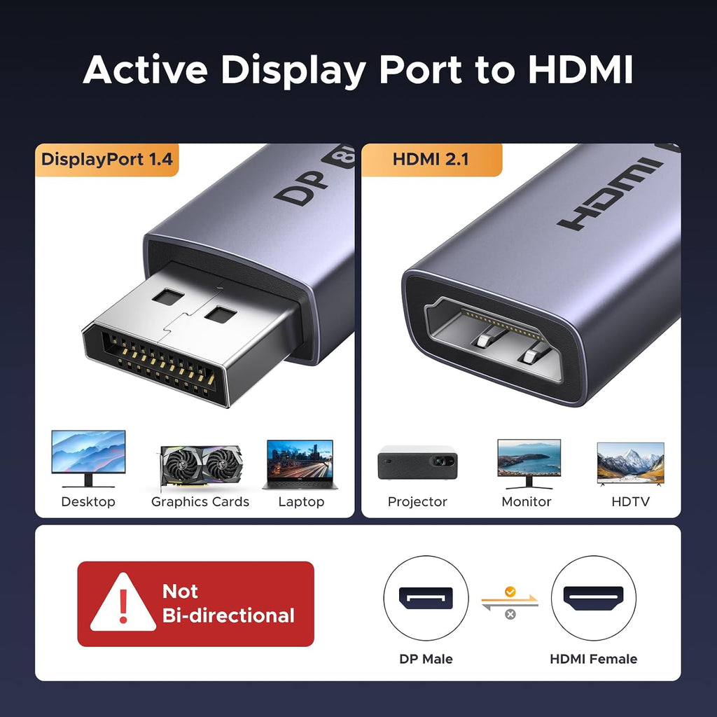 8K@60Hz Active DisplayPort to HDMI Unidirectional Adapter, 0.66FT | DP 1.4 PC to HDMI 2.1 Screen, Support 4K@240Hz