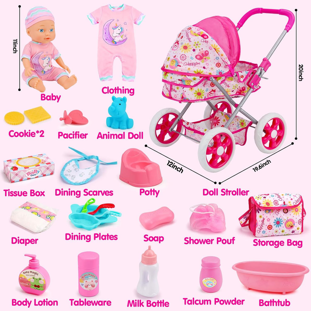 Baby Doll Stroller Set Toys for Girls Toddlers 3-5 4-6 5-7, Baby Doll Playset with 11" Doll, Bathtub and 20PCS Baby