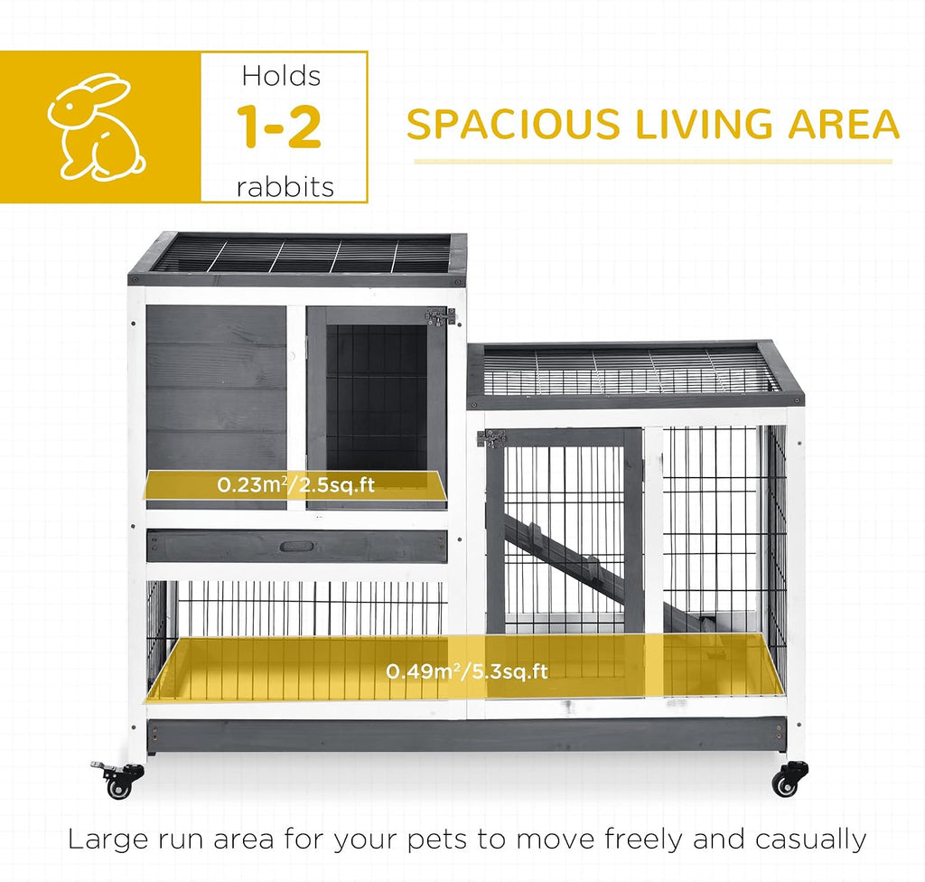Wooden Rabbit Hutch Elevated Bunny Cage Indoor Small Animal Habitat with Enclosed Run with Wheels, Ramp, Removable