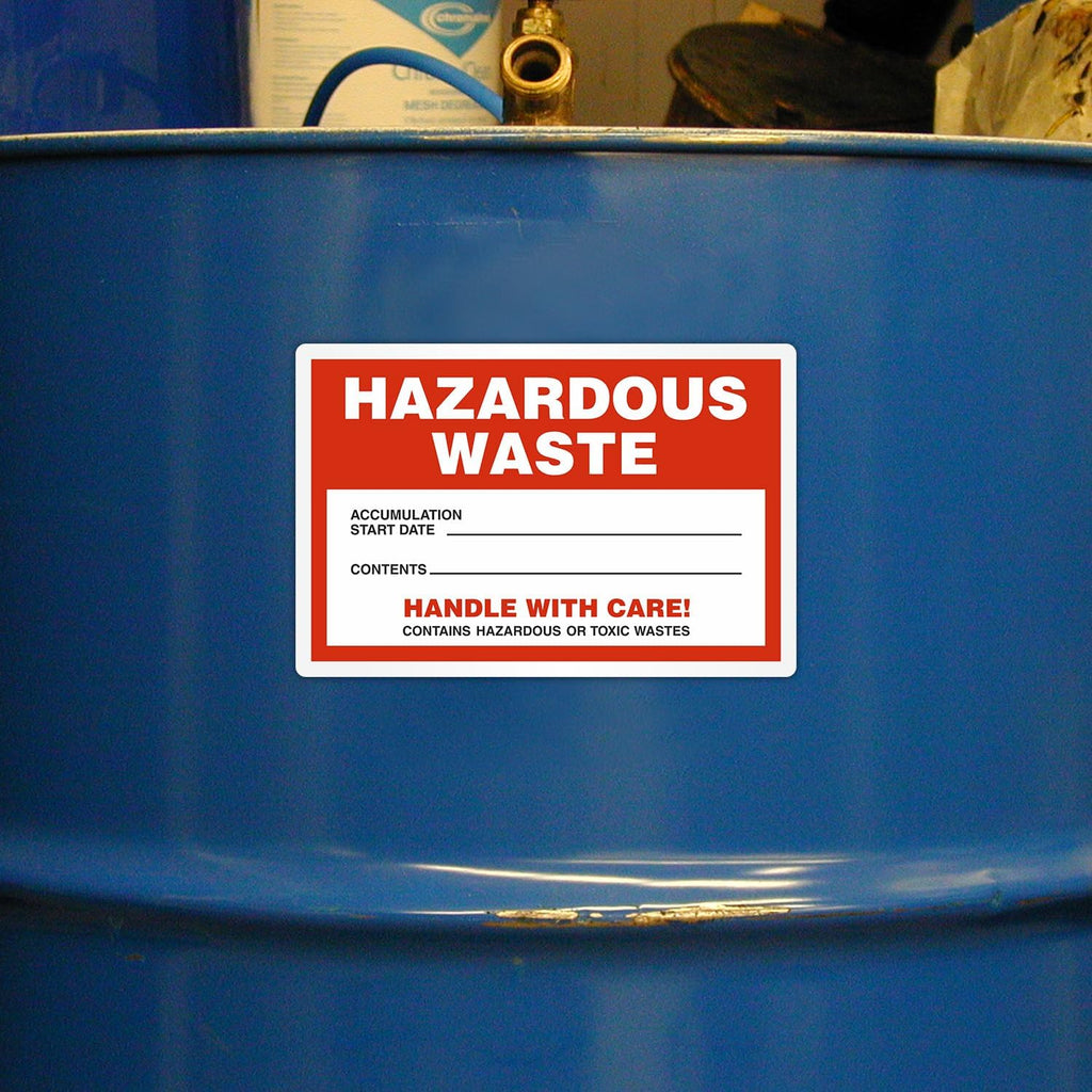 Pack of 100 Hazardous Waste Accumulation Handle with Care Warning Labels in a Roll | 6" x 4" Plastic