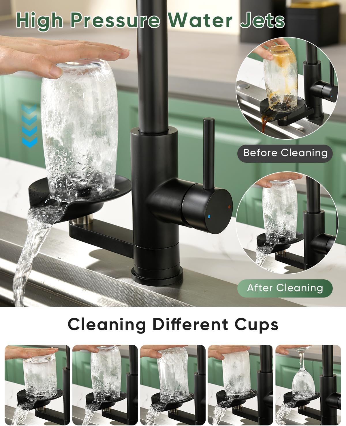 Kitchen Faucet with Cup Washer Pull Down Sprayer Stainless Steel Kitchen Sink Faucet with Deck Plate Glass Rinser