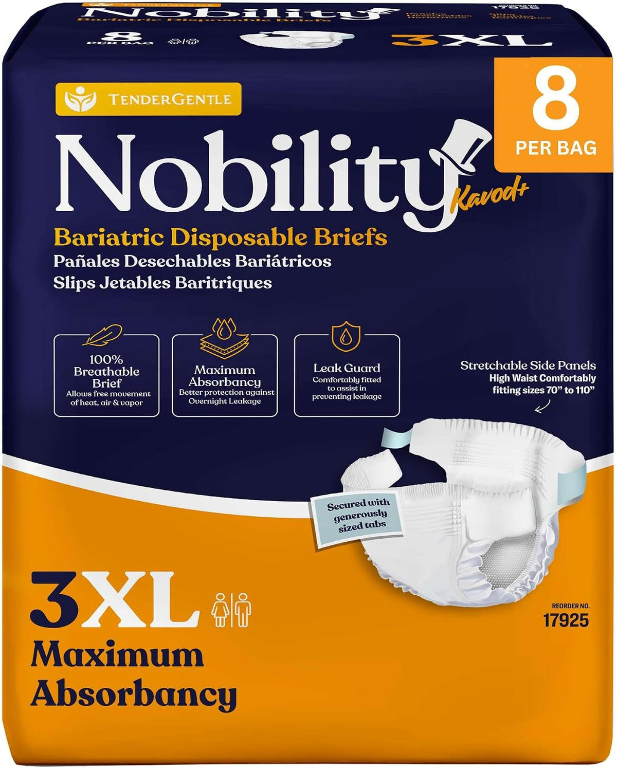 3XL Adult Diapers for Women and Men - 8 Bariatric Disposable Briefs with Tabs and Stretchable Side Panels