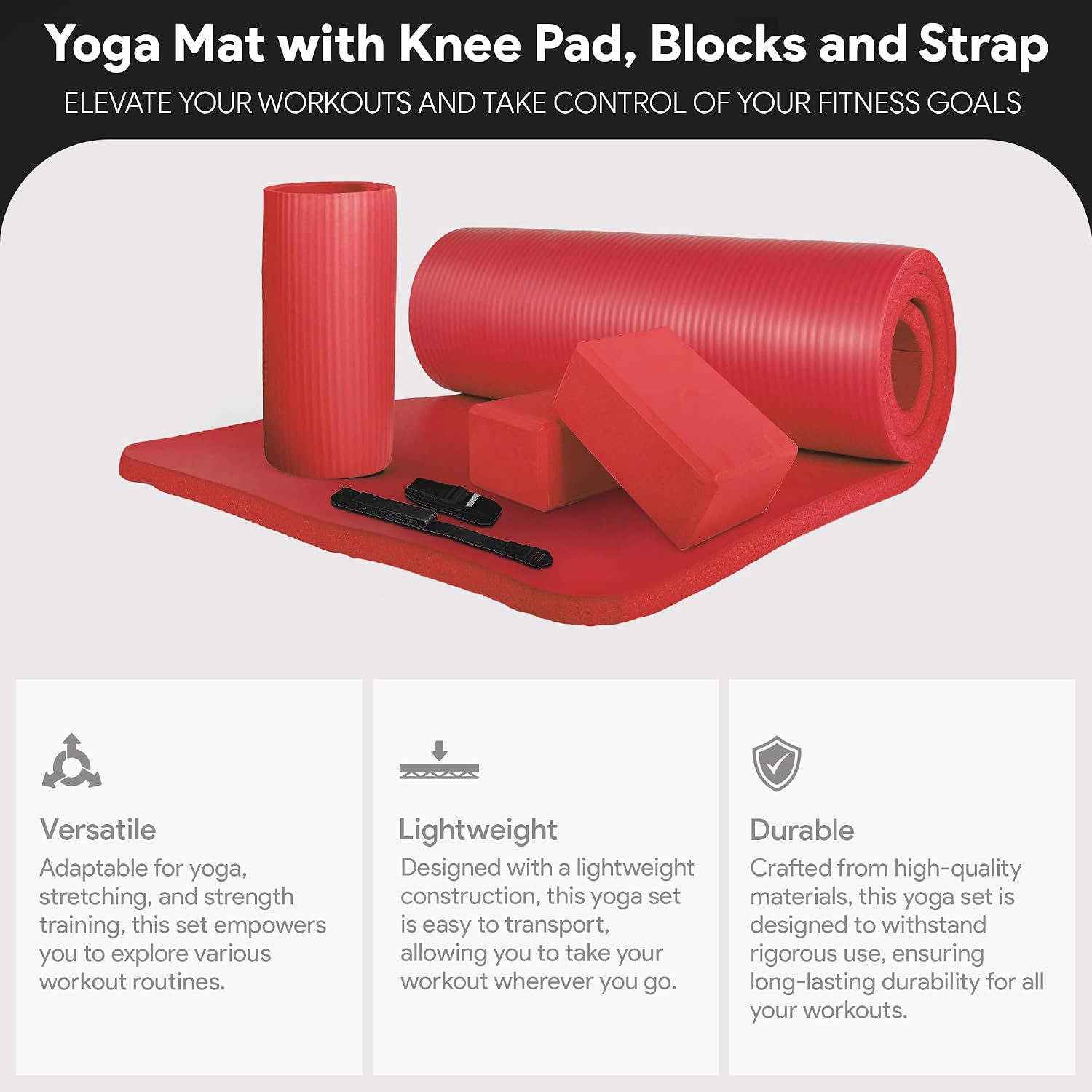 71x24 Inches Yoga Mat with Knee Pad and Optional Blocks – Extra 1-Inch Thick Non-Slip Foam with Anti-Tear Surface and