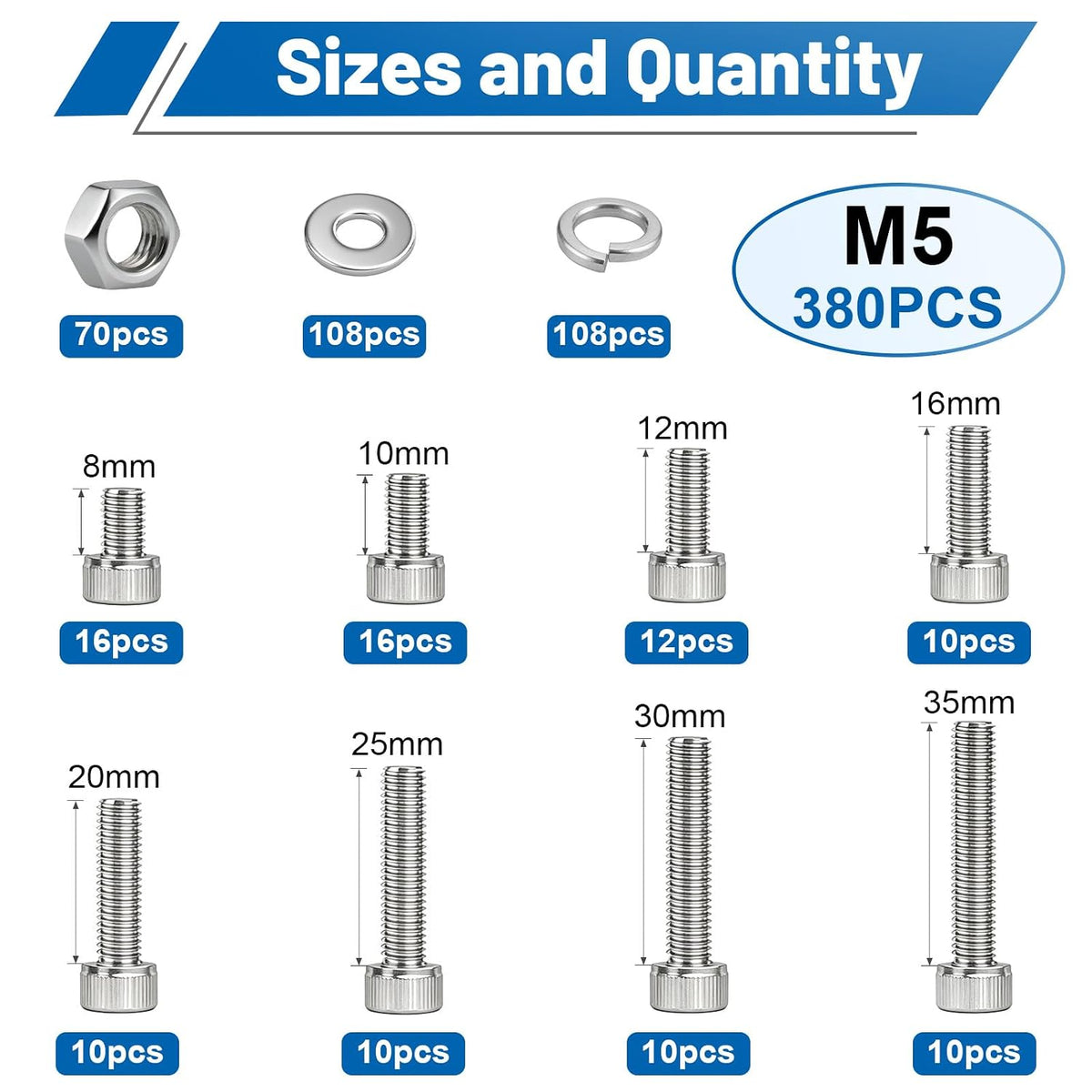 380PCS M5 Hex Socket Bolts Assortment Kit, M5x6/8/10/12/16/20/25/30 mm