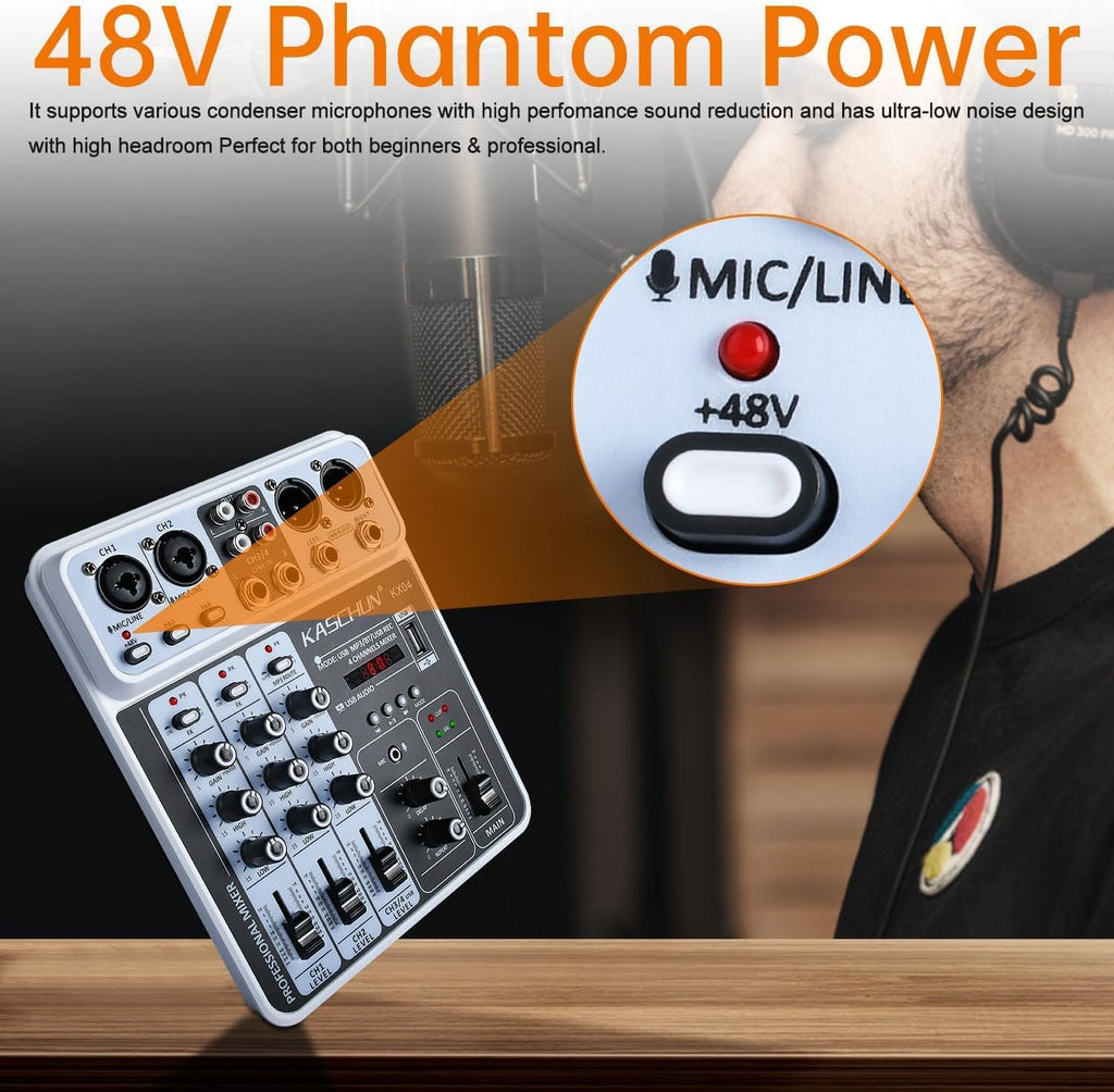 4-Channel DJ Audio Mixer, Bluetooth Sound Board with USB MP3 Input | Compact Mixer Board with 48V Phantom Power