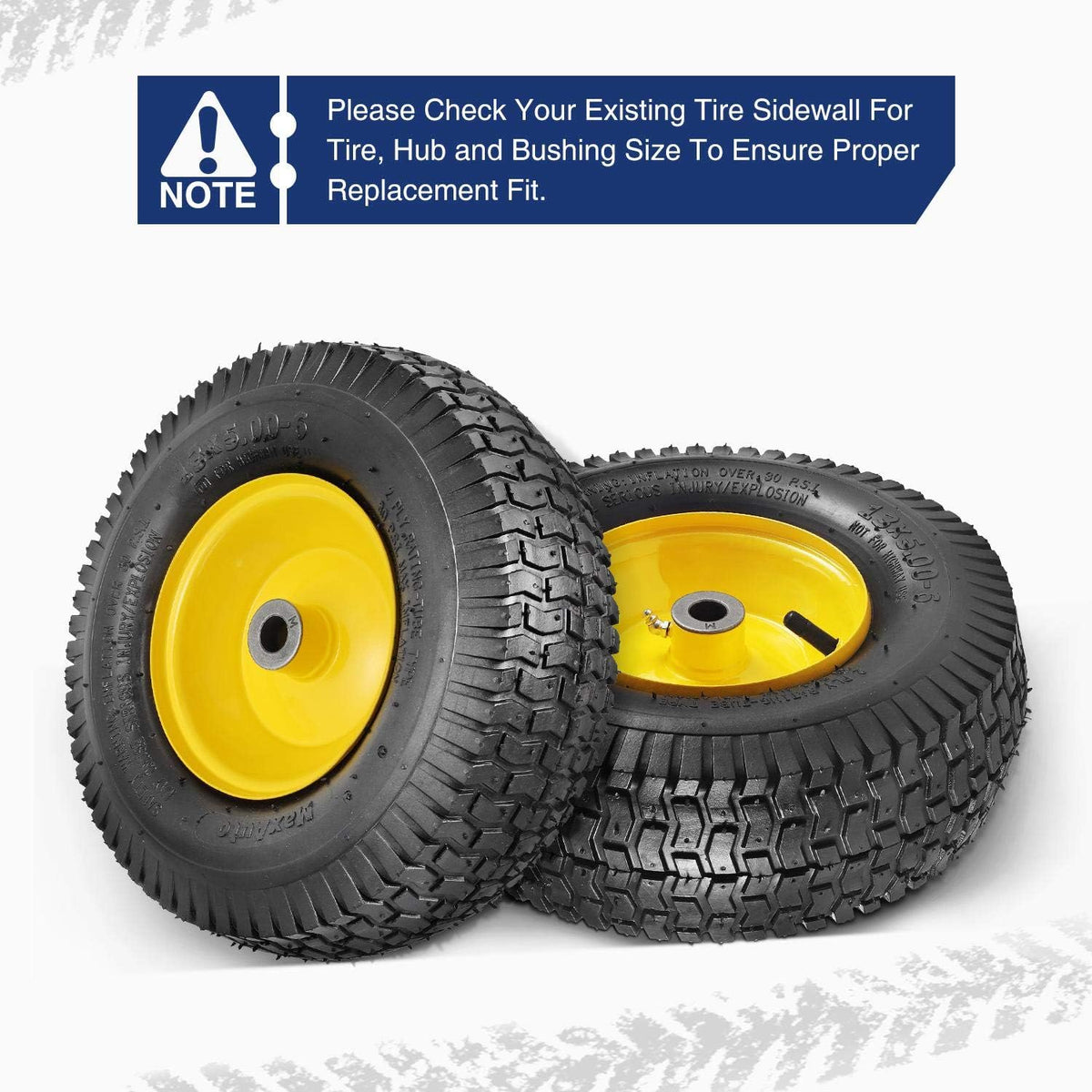 13x5.00-6 Lawn Mower Tires with Rim 13x5-6 NHS Pneumatic Tires with Tube, 3" Centered Hub, 3/4" Bushings
