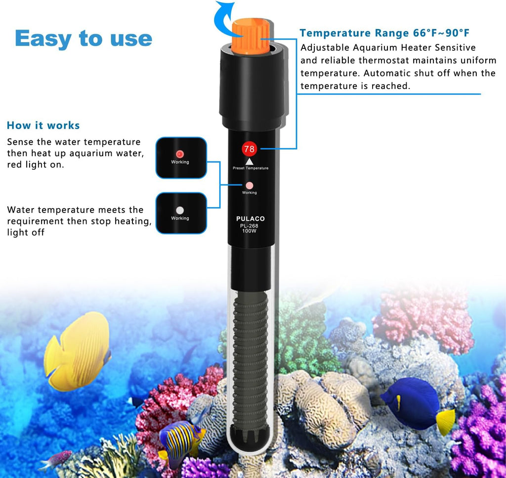 100Watt Aquarium Heater for 15-25 Gallon Fish Tank, Adjustable Submersible Heater Thermostat with Thermometer Strip