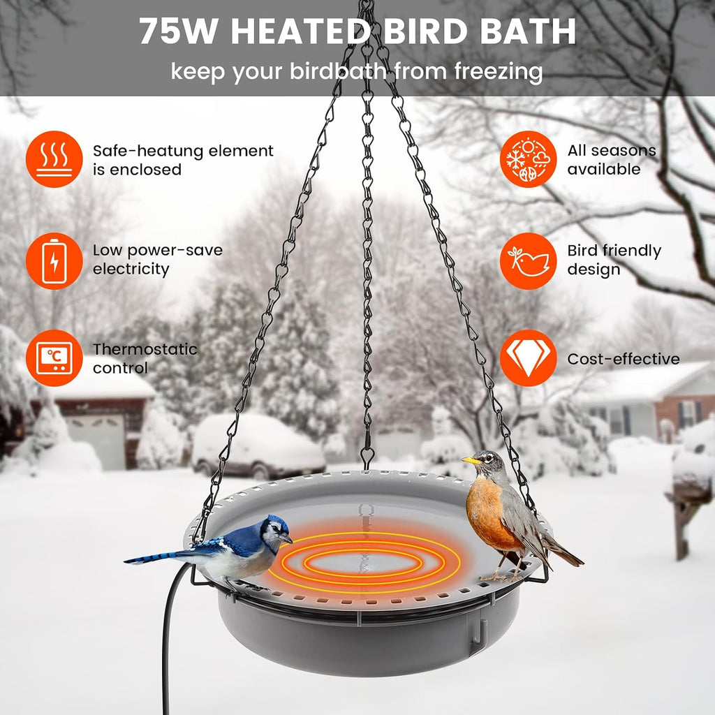 Hanging Heated Bird Bath for Outdoors for Winter, Large Capacity Heated Birdbath Deicer,75W Thermostatically