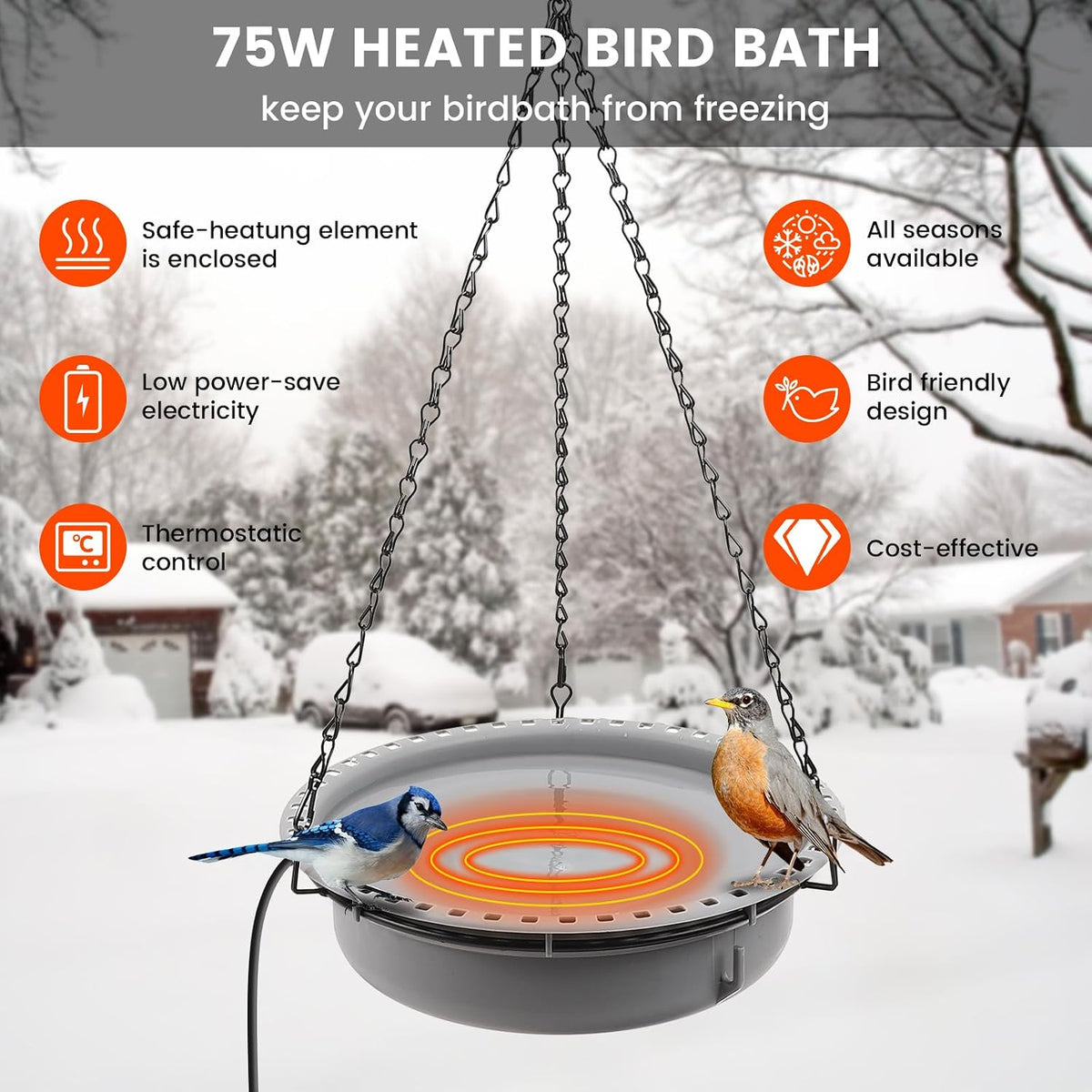 Hanging Heated Bird Bath for Outdoors for Winter, Large Capacity Heated Birdbath Deicer,75W Thermostatically