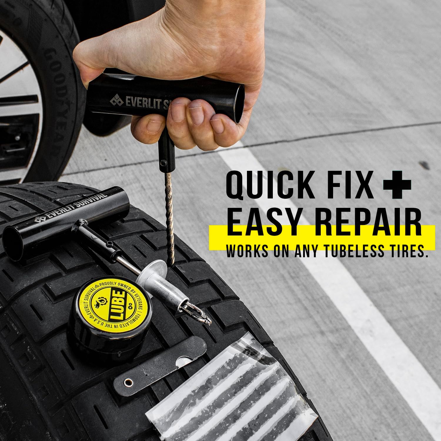 All-in-One Tire Repair Kit with Air Compressor – 150 PSI Portable Cordless Tire Inflator & Plug Kit – Flat Tire