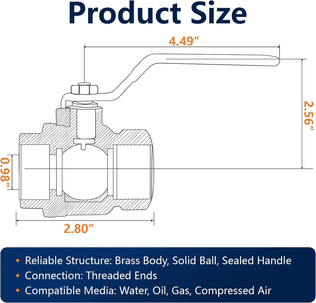 WiseWater 1" NPT Full Port Brass Ball Valve, UPC Certified, 1 Pc
