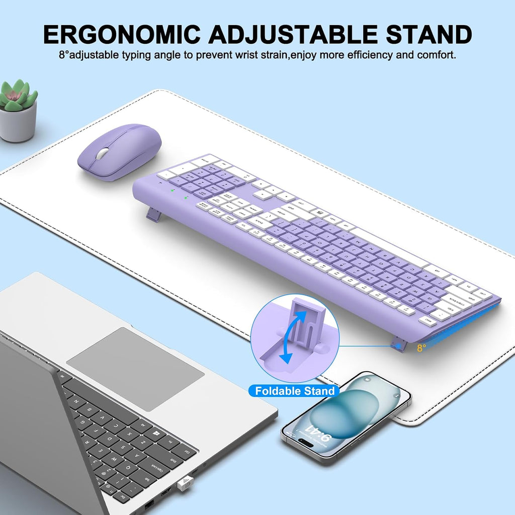 Wireless Keyboard and Mouse Combo, MK258 Full Size Silent Keyboard (Purple) | Silent for Home Office, Optical Mouse