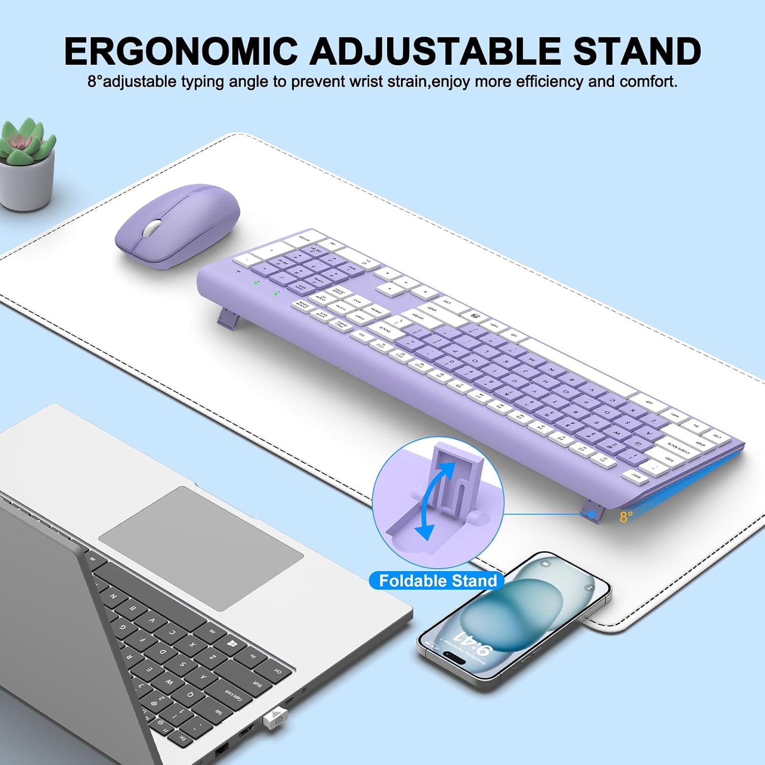 Wireless Keyboard and Mouse Combo, MK258 Full Size Silent Keyboard (Purple) | Silent for Home Office, Optical Mouse