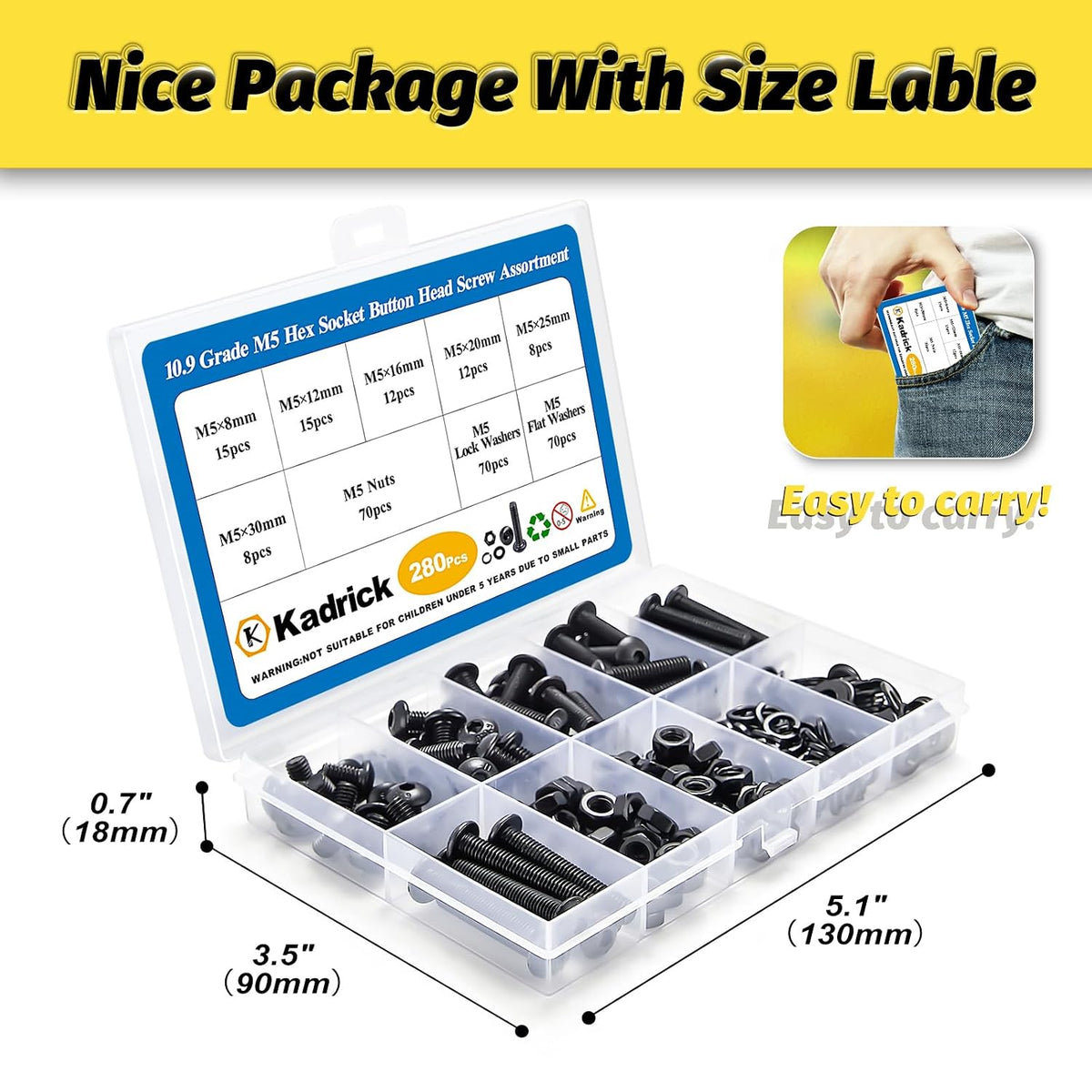 KADRICK 280PCS M5 Screw Kit,Hex Socket Button Head Screws Length 8MM-30MM