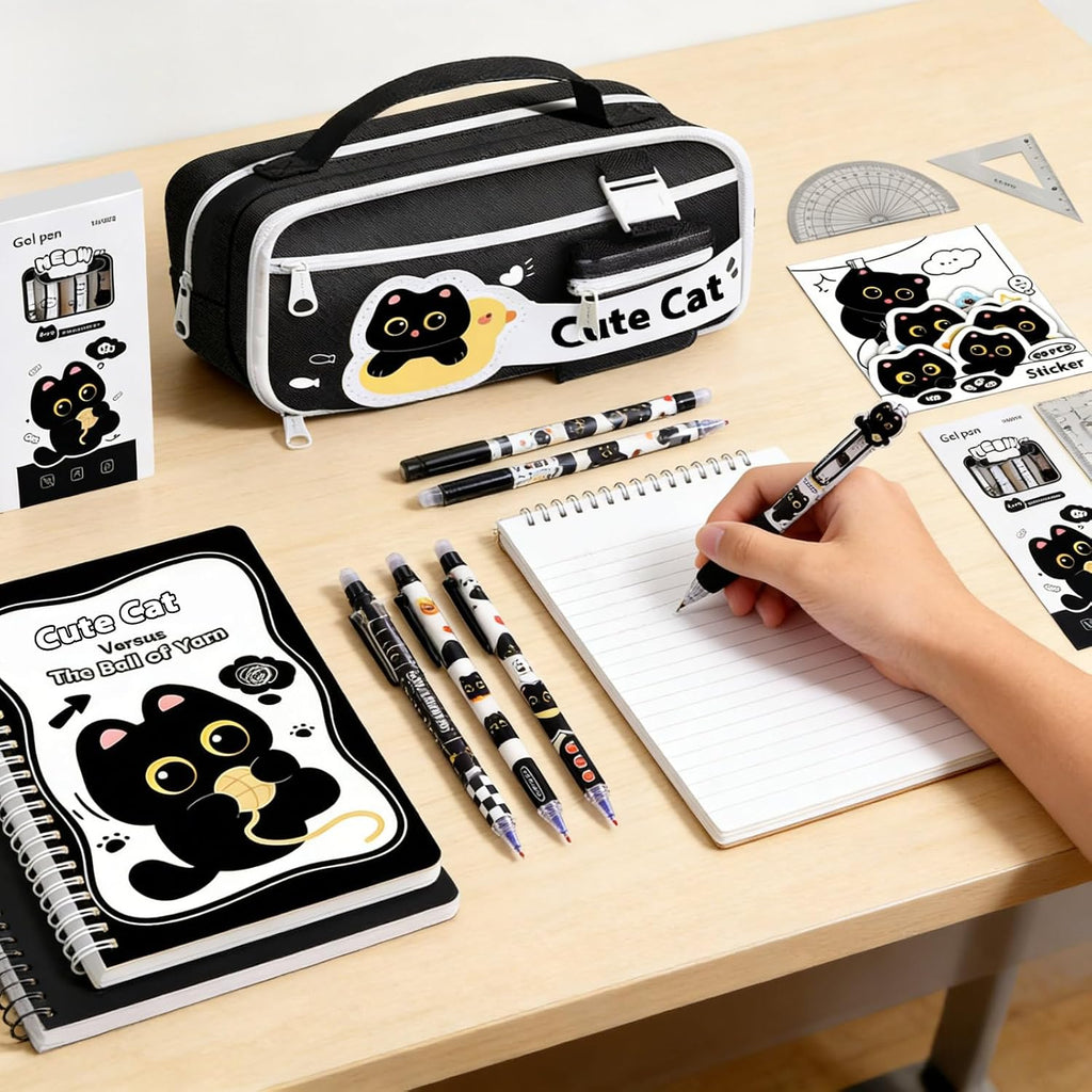 Black Cute Cat Stationery Set,School Supplies with Sticky Notes,Pencils | Kawaii Cat Design Includes