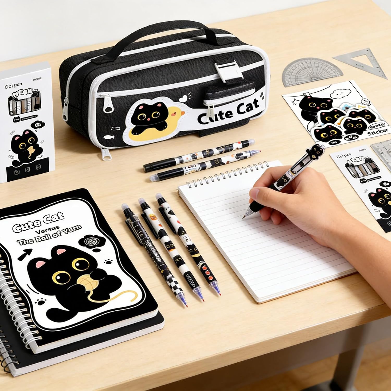 Black Cute Cat Stationery Set,School Supplies with Sticky Notes,Pencils | Kawaii Cat Design Includes