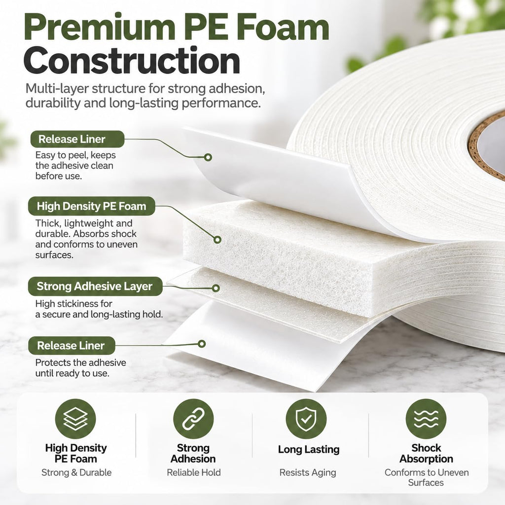 Double Sided White PE Foam Tape 0.32FT x 32FT Sponge Mount Adhesive