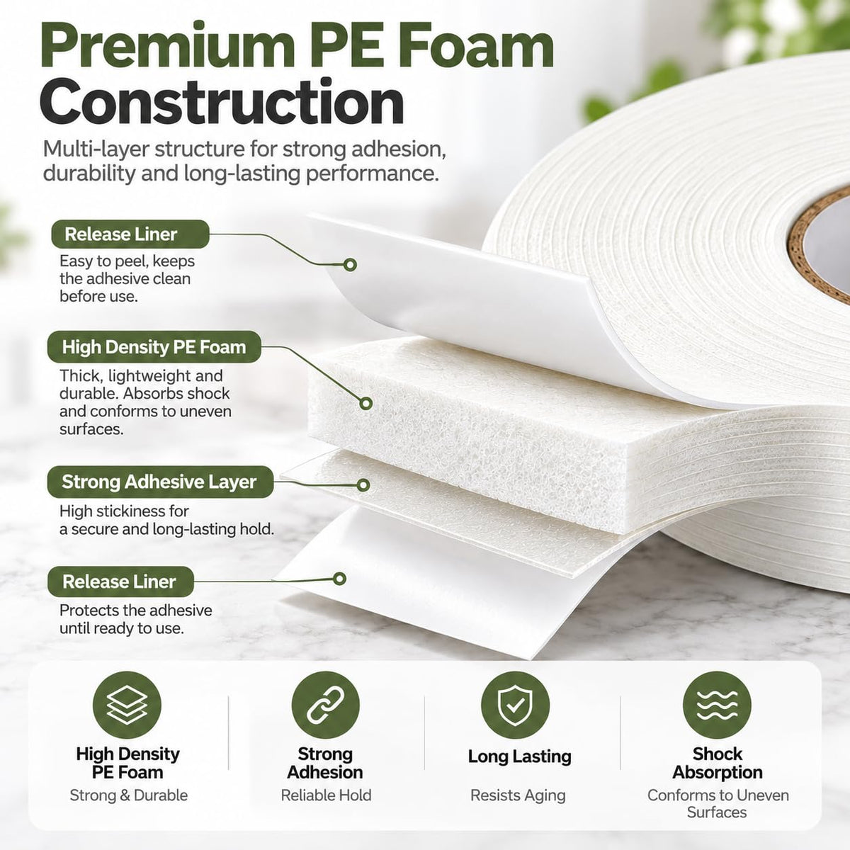 Double Sided White PE Foam Tape 0.32FT x 32FT Sponge Mount Adhesive