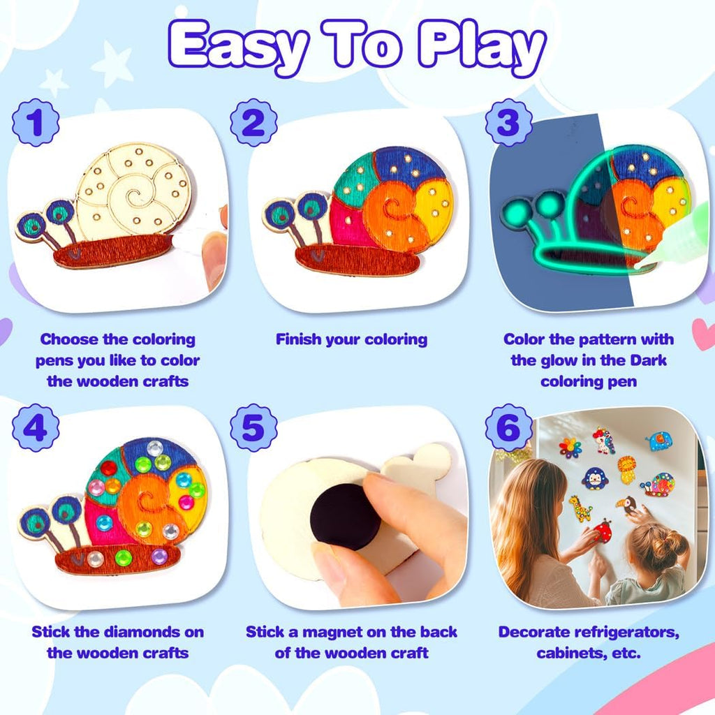 Kids Crafts, 15 PCS Kids Activities Arts and Crafts Painting Kits, Glow in The Dark Wooden Magnets to Paint