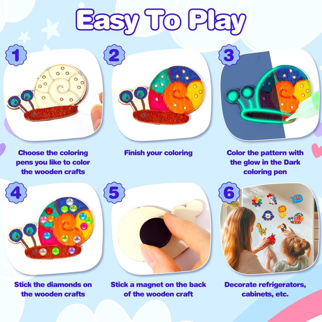 Kids Crafts, 15 PCS Kids Activities Arts and Crafts Painting Kits, Glow in The Dark Wooden Magnets to Paint