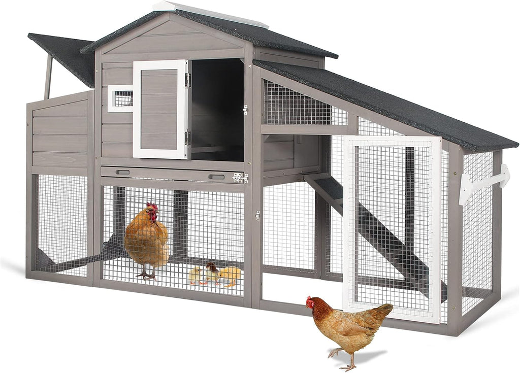 Large Wooden Chicken Coop with Run and Wheels, Grey