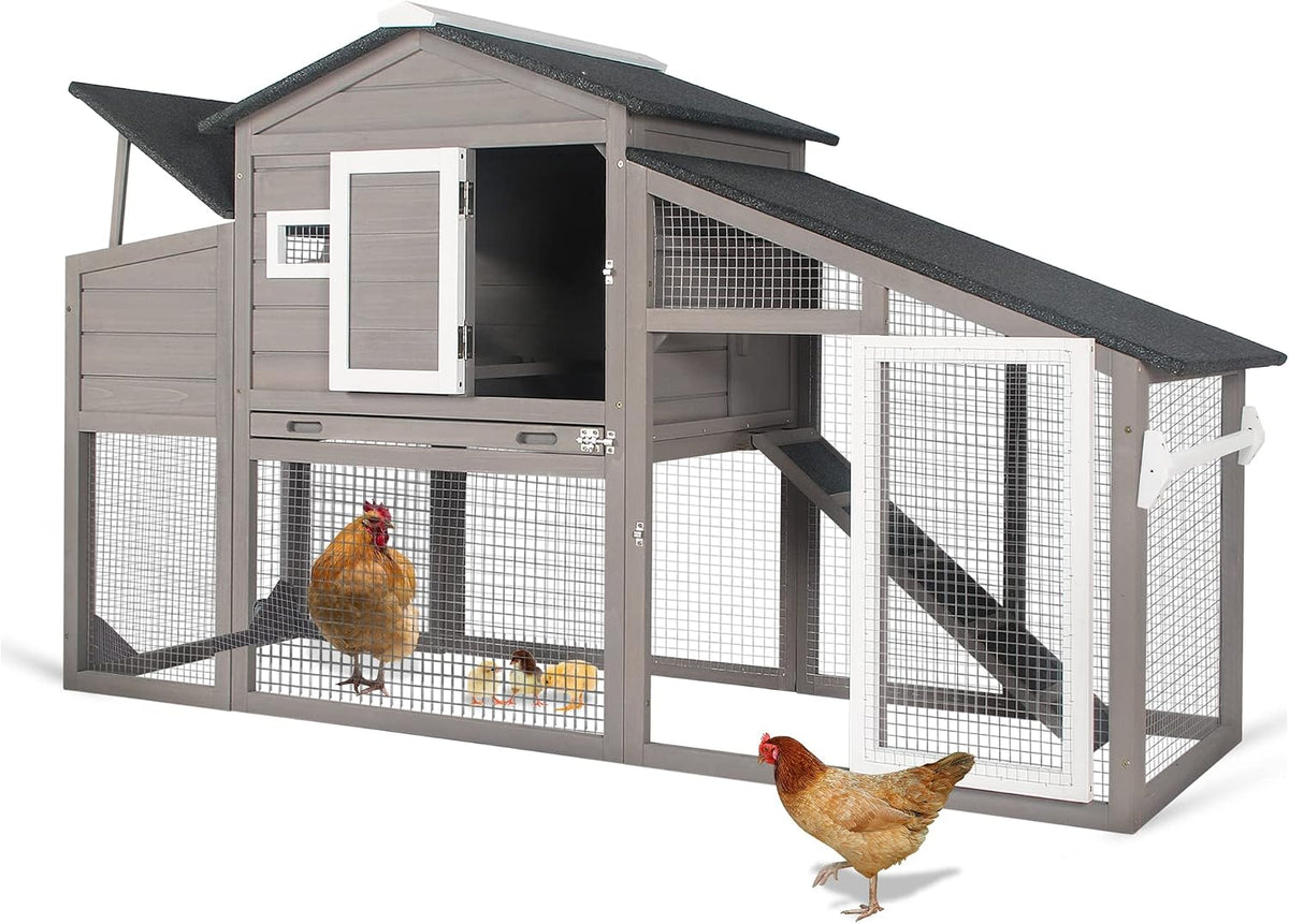 Large Wooden Chicken Coop with Run and Wheels, Grey