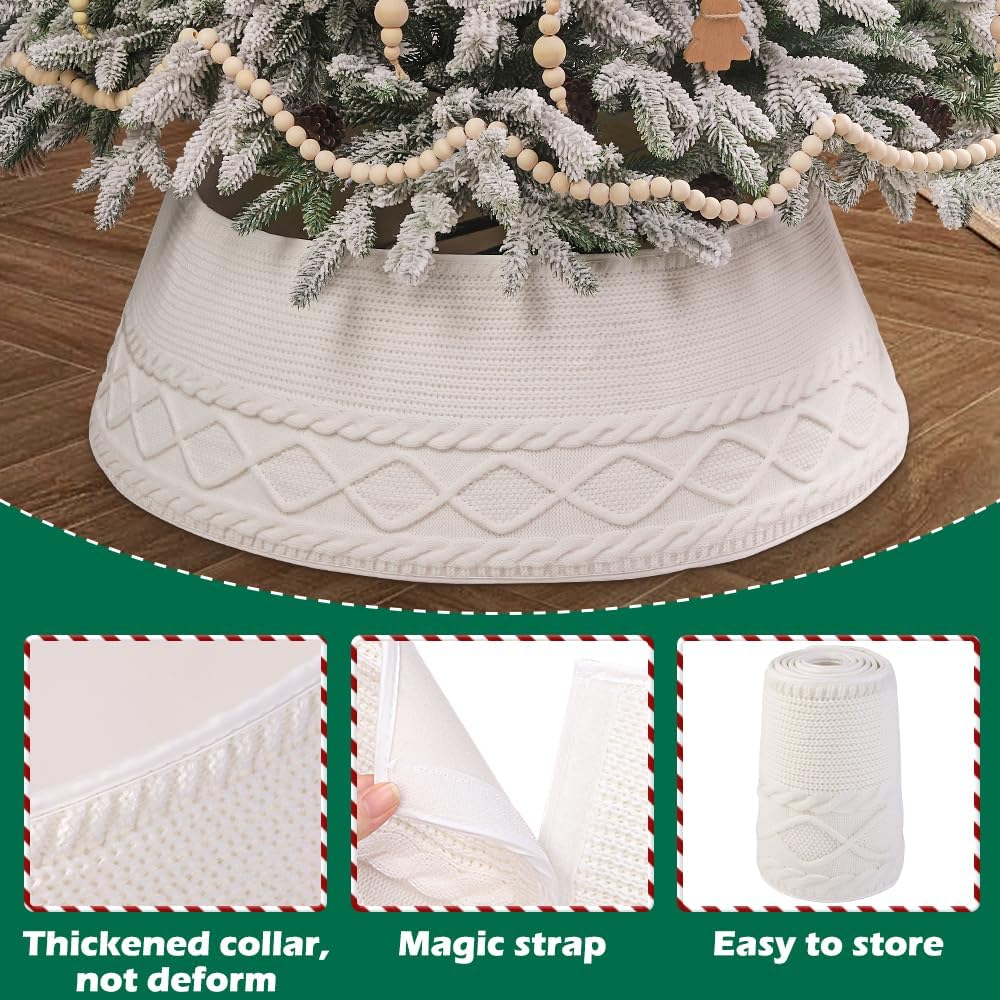 Christmas Tree Collar Skirt,Knitted Cream White Diamond Edge Cable Stand Farmhouse Rustic Tree Ring for Artificial