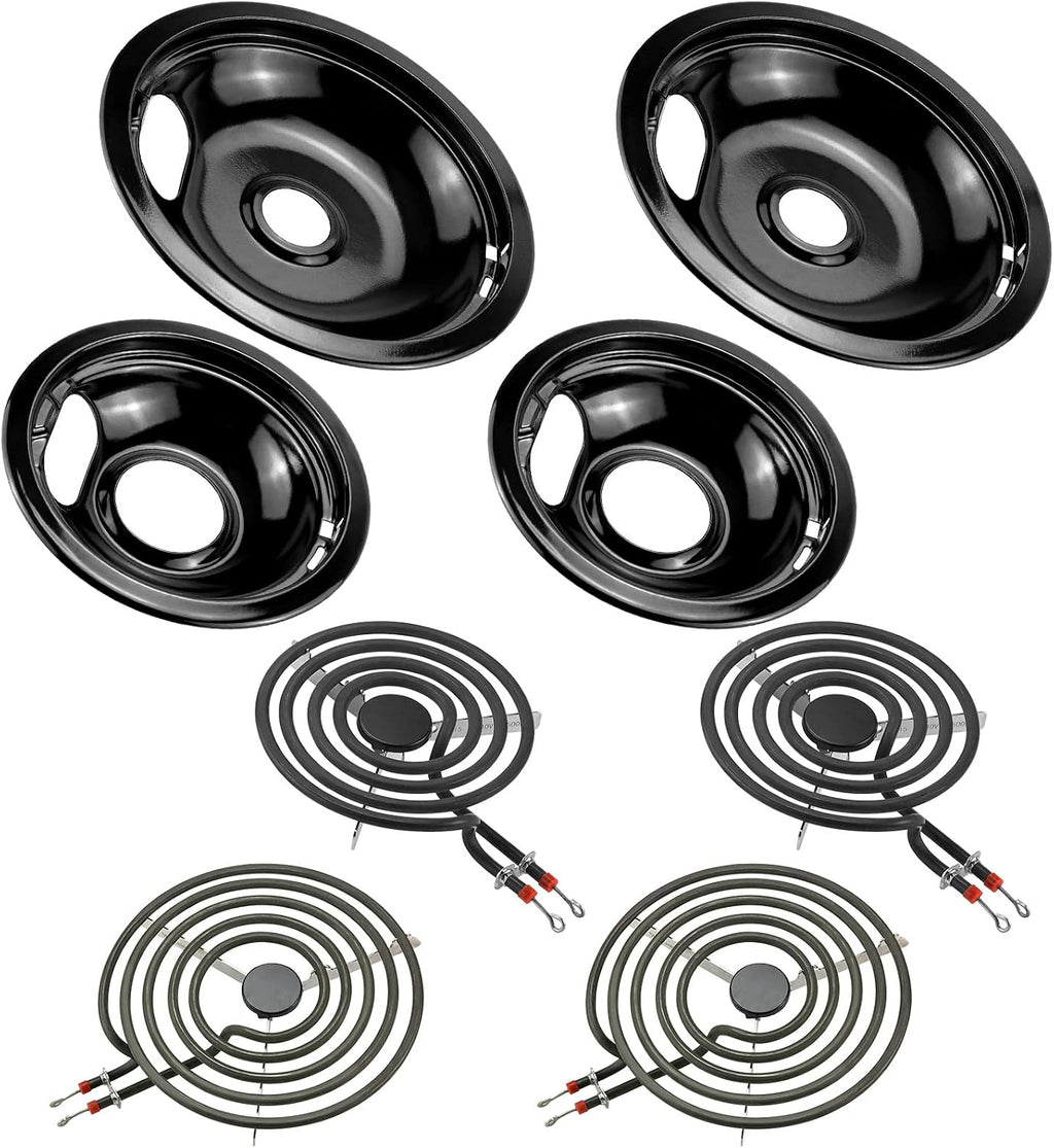 W10290350 W10290353 Black Porcelain Drip Pans and MP22YA Electric Stove Burner Element Set Replacement for Amana Whirlpool Electric Stove, Replace W10288051 Drip Pans by Fetechmate