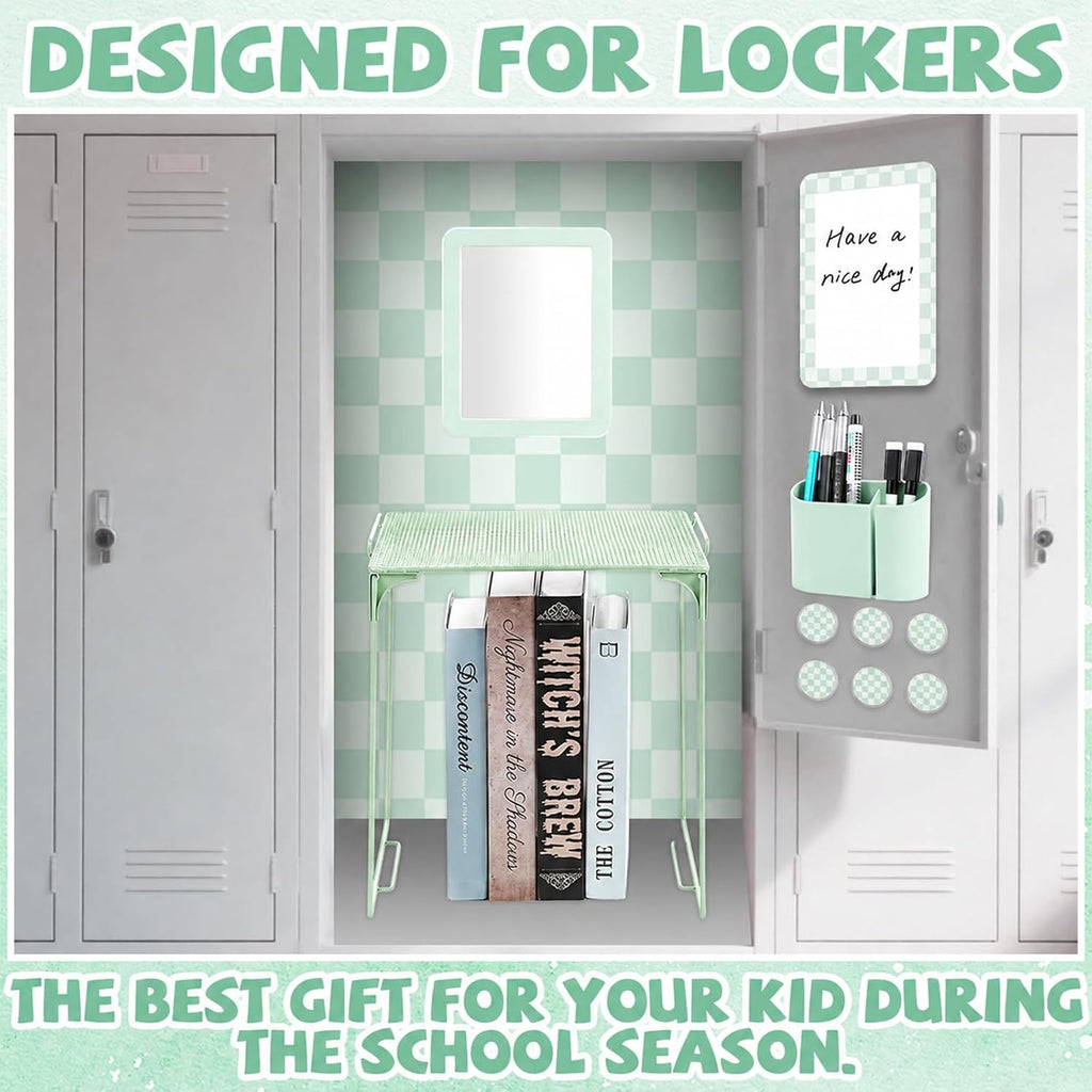 Green Checkered Locker Accessories and Organizer Kit Include Pastel Checkerboard Print Wallpaper Magnetic Mirror