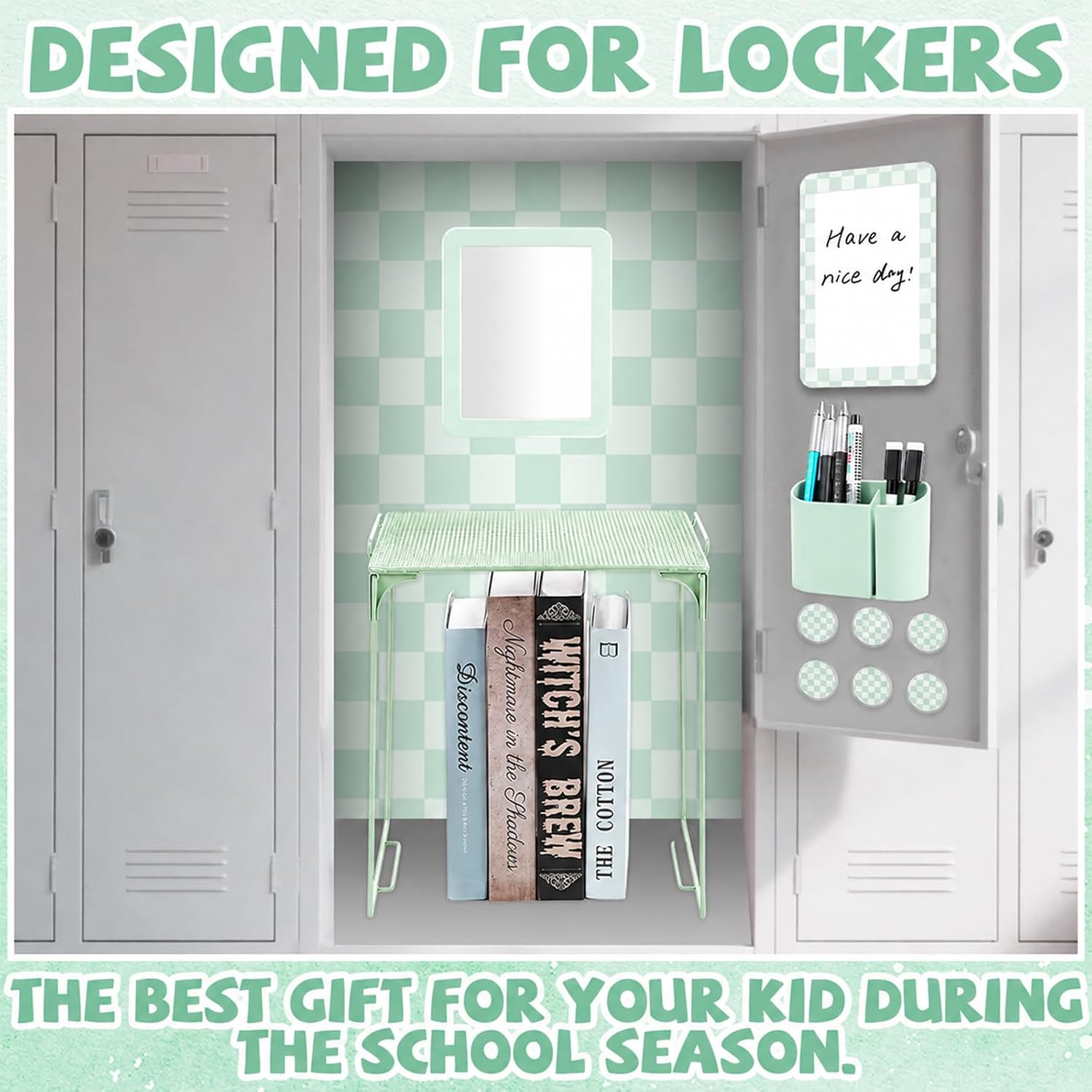 Green Checkered Locker Accessories and Organizer Kit Include Pastel Checkerboard Print Wallpaper Magnetic Mirror