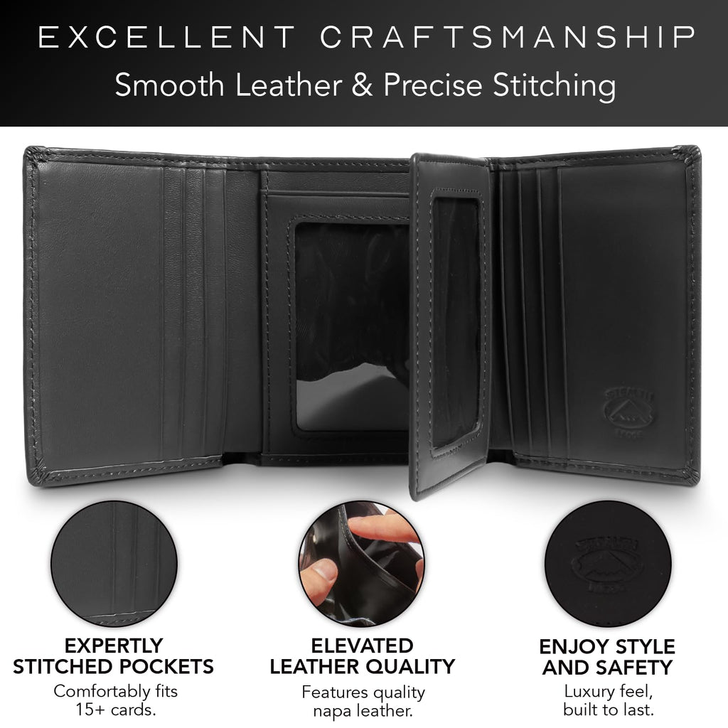 Trifold Leather Wallet Men RFID Blocking 11 Cards 3 ID Windows