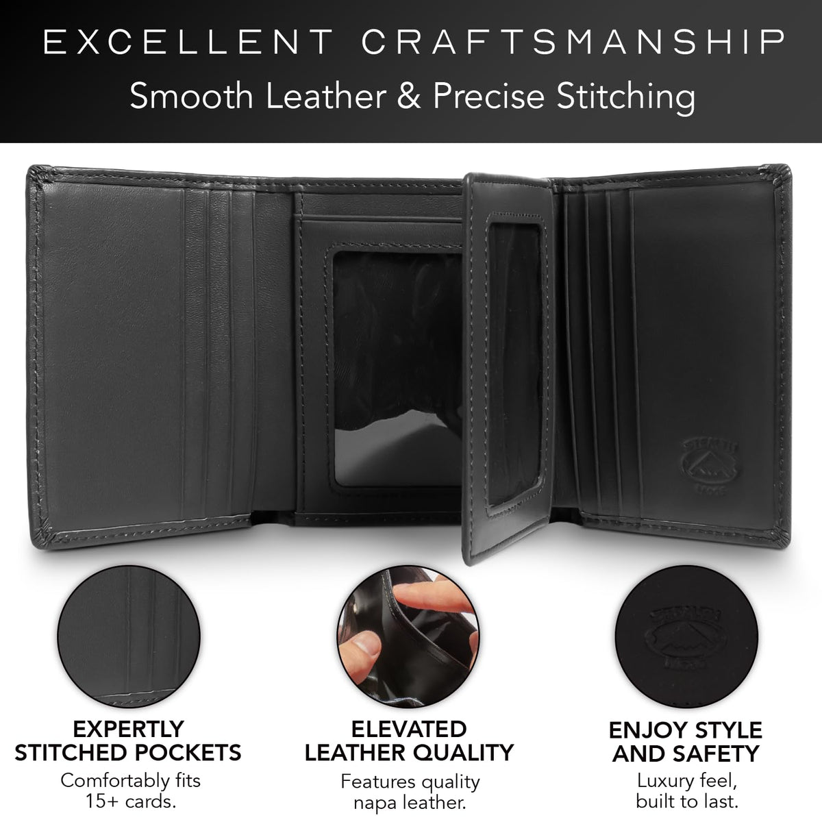 Trifold Leather Wallet Men RFID Blocking 11 Cards 3 ID Windows