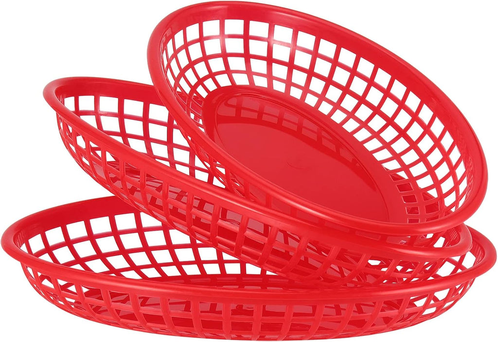 60 Pack Red Plastic Fast Food Serving Baskets, 9 x 5.6 x 1.5 Inch Oval Restaurant Serving Baskets for Bread, Fried