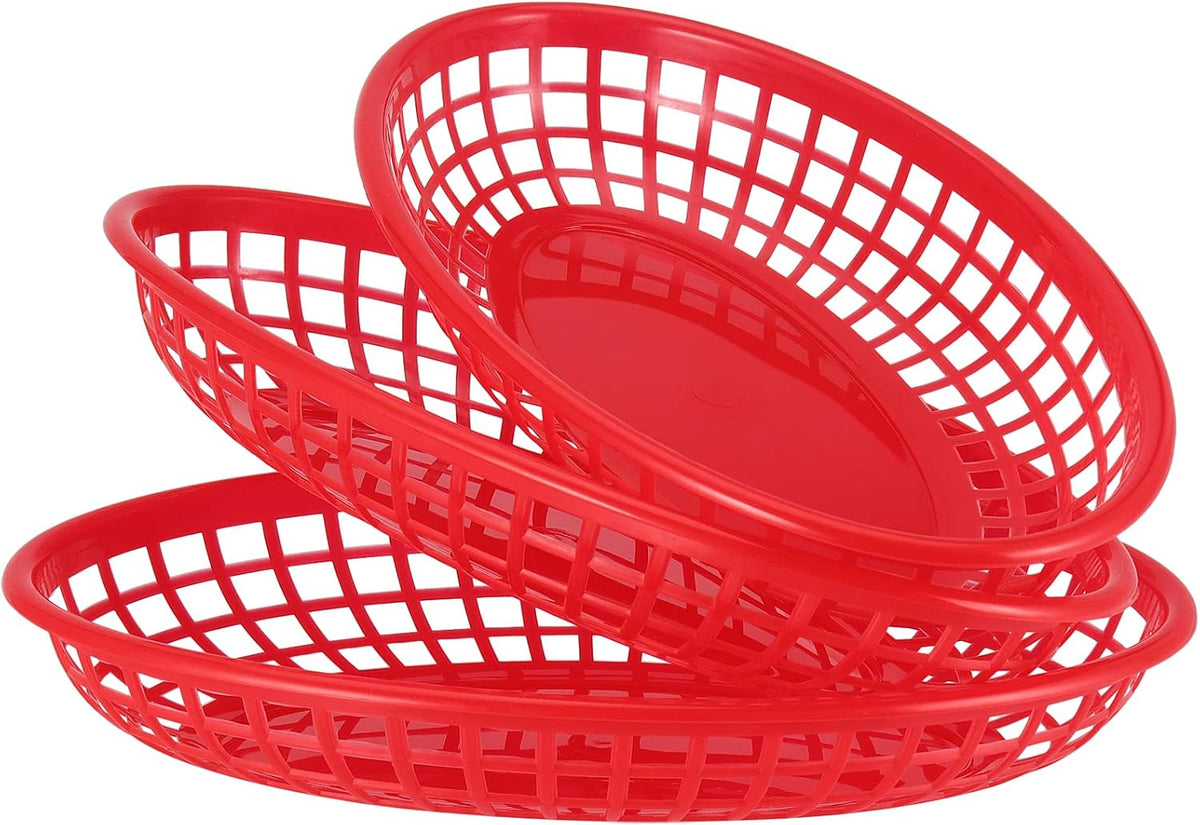 60 Pack Red Plastic Fast Food Serving Baskets, 9 x 5.6 x 1.5 Inch Oval Restaurant Serving Baskets for Bread, Fried
