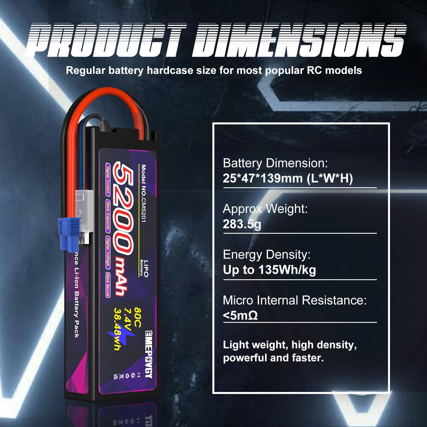 7.4V Lipo Battery 2S 5200mAh 80C Lipos Hard Case with EC3 Connector for RC Car Trucks 1/8 1/10 RC Vehicles(2 Packs)
