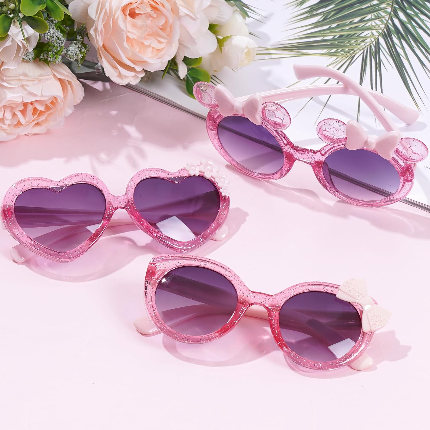 3 Pairs Cute Kids Sunglasses Multiple Shaped Glasse for Toddler Girls Age 3-12 Outdoor Beach Eyewear, UV400 Protection