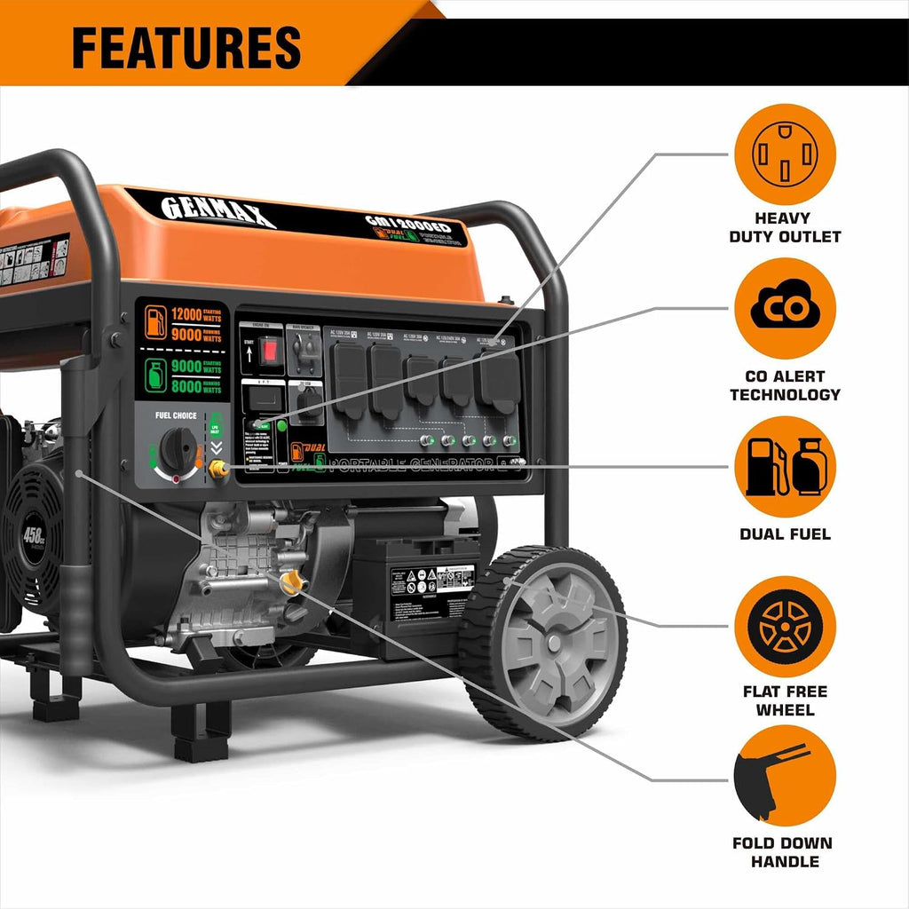 Dual Fuel Portable Generator，GM12000ED Gas or Propane Powered Electric Start-Home Back Up, EPA Compliant