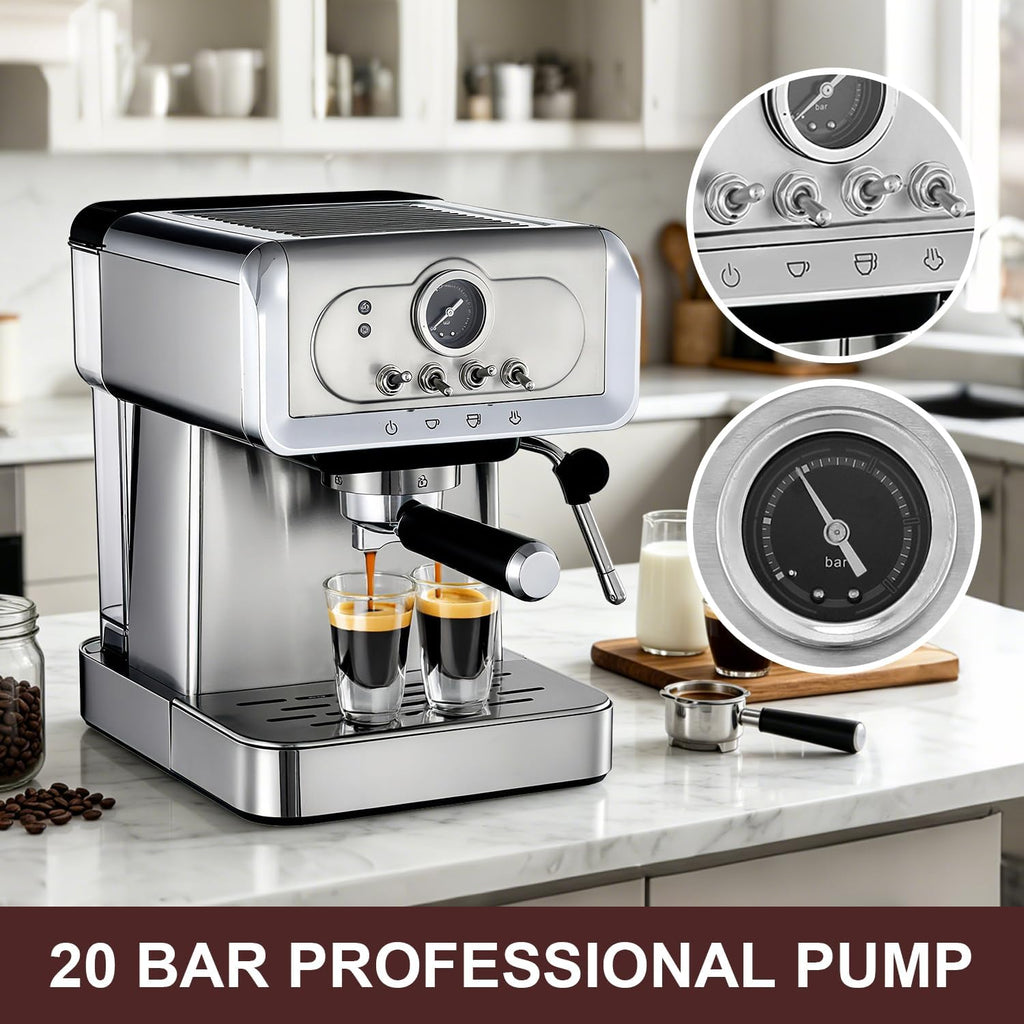 Espresso machine 20 Bar, Espresso Maker with Powerful Steam Milk Frother, Stainless Steel Coffee Machine with Fast