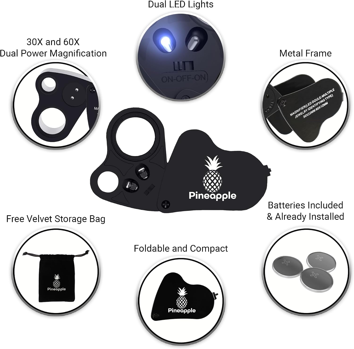 30X 60X Jewelers Loupe Magnifier with Light, Lighted Magnifying Glass Jewelry Loop, Pocket Magnifier for Coins