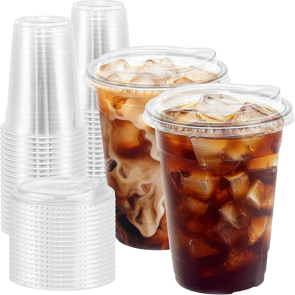 100 Pack 16 oz Clear Plastic Cups with Sip Lids, Iced Coffee Cups