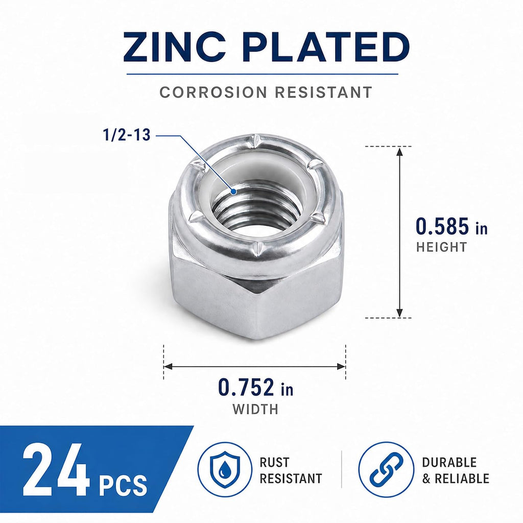 24 Pack 1/2"-13 Inch Lock Nuts,Carbon Steel Galvanized Anti-Rust Nylon Insert Locknuts,Standard Inch Thread Nylock Nuts for Bolts