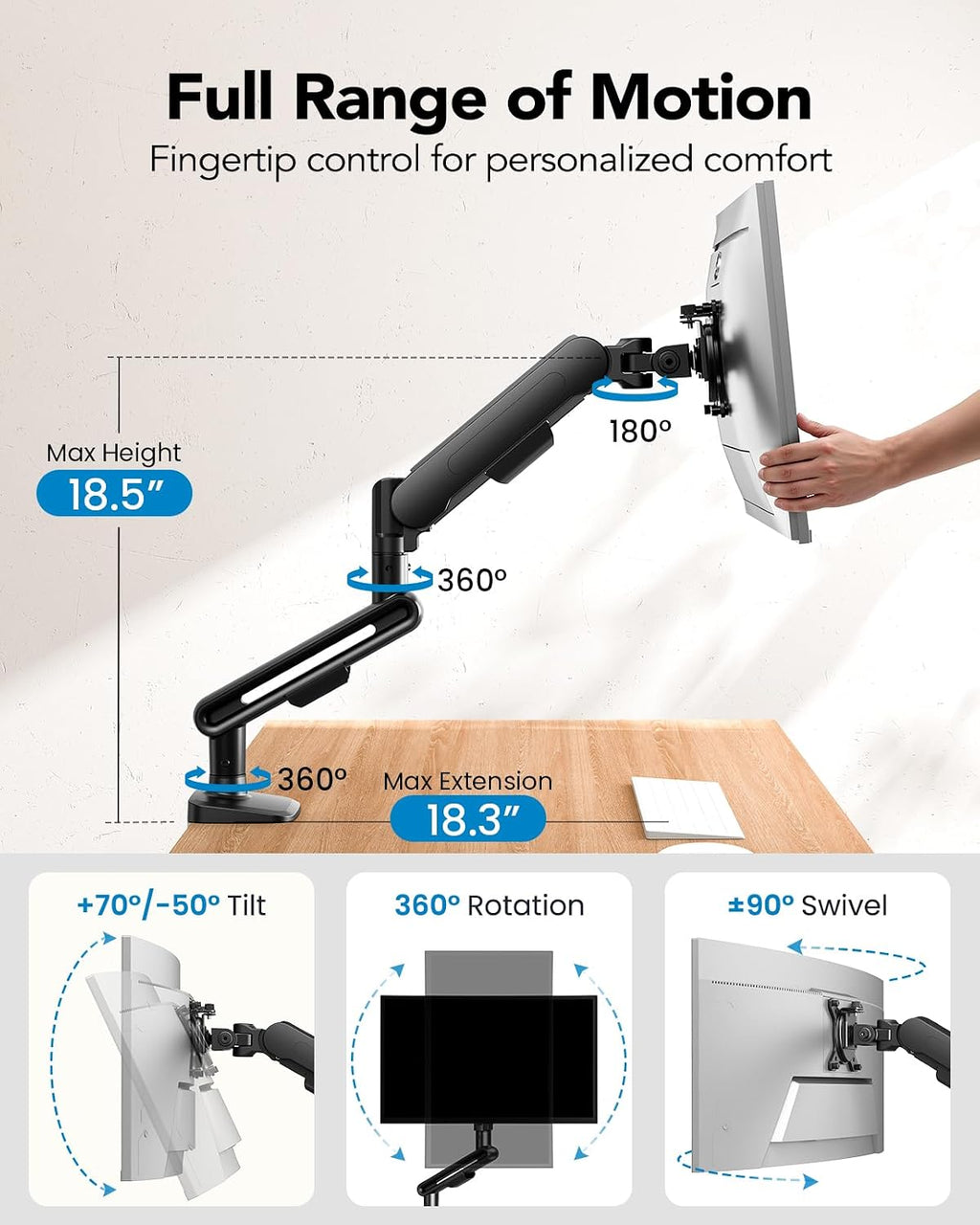 Ultrawide Monitor Arm for 13 – 40" Screens, Single Monitor Mount Holds up to 26.4lbs, Adjustable Monitor Stand with