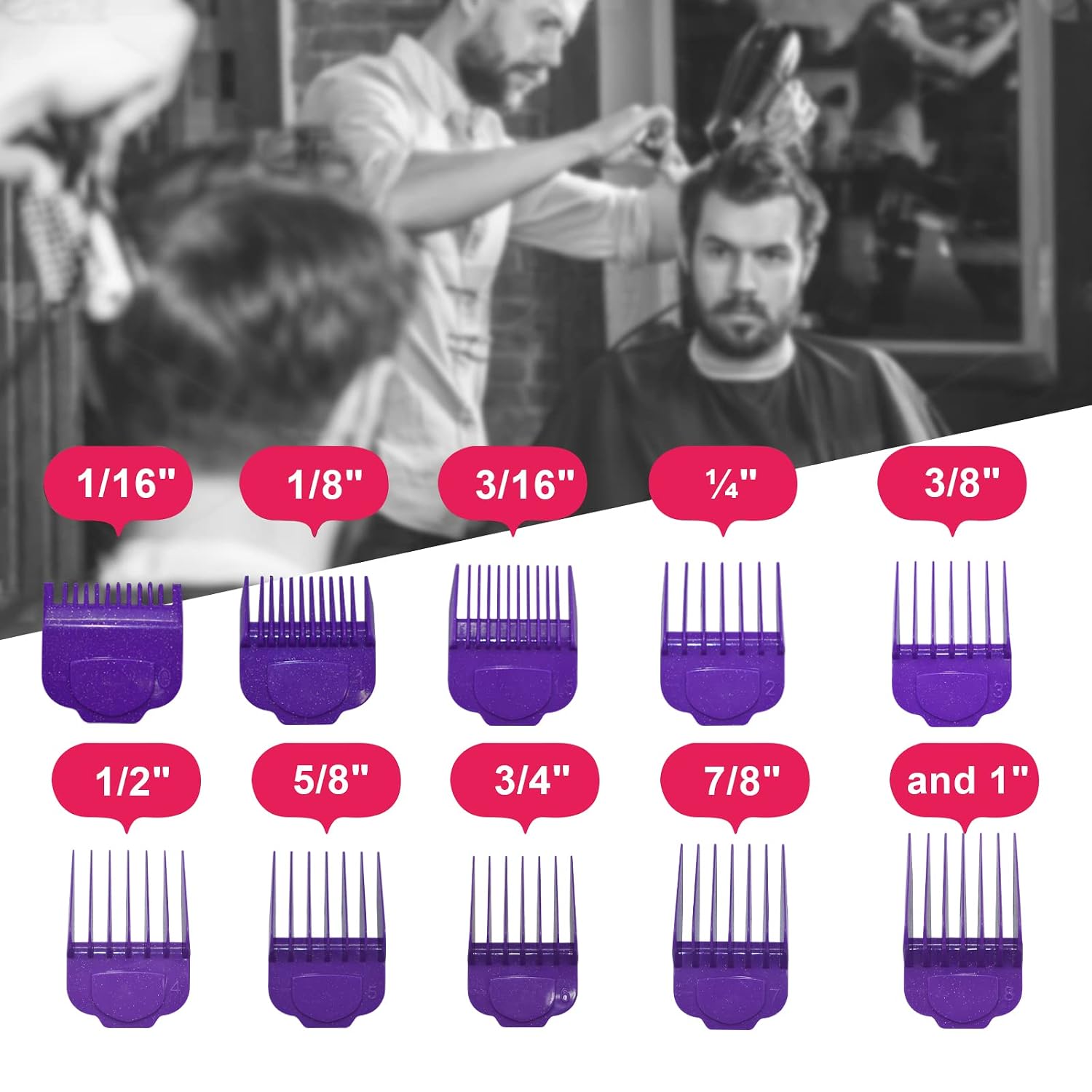 Magnetic Clipper Guards Guide Comb Set for Andis Master (1/16-1 Inch) 10pcs | (Purple), Rare Earth Magnet & First