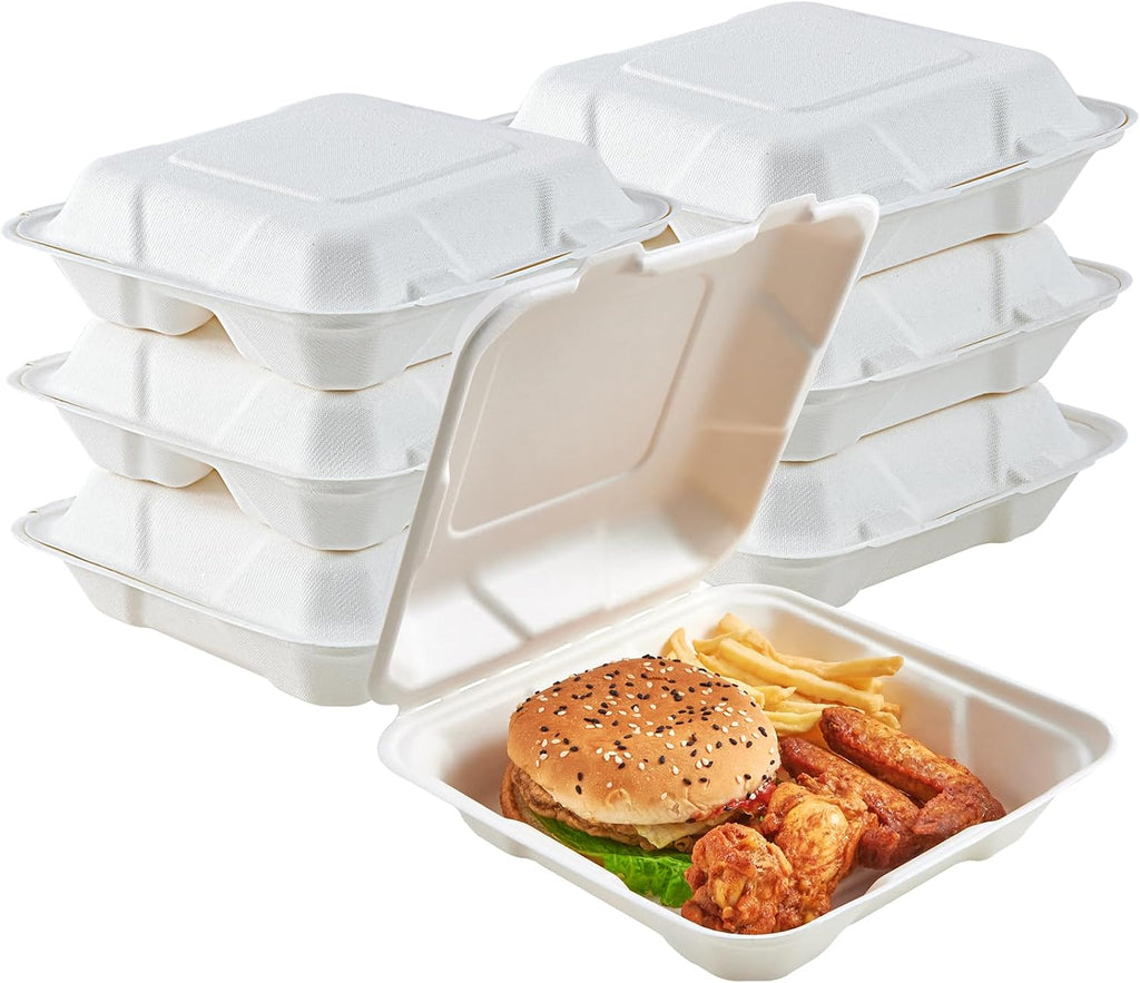 50 Pack Compostable Clamshell Take Out Food Containers, 8 inch
